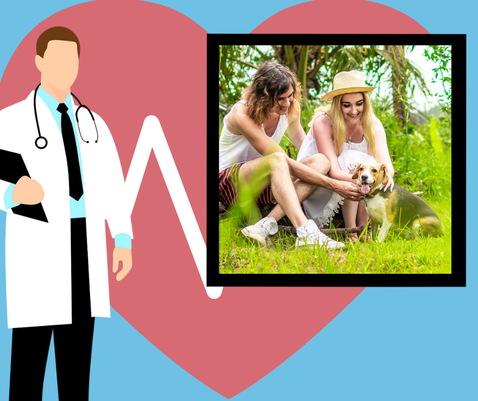 Veterinarian illustration beside photo of a smiling couple with their dog outdoors, symbolising compassionate veterinary care and healthy pets – My Companion Vet Australia.