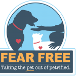 Fear Free logo showing a dog, cat, and person with tagline ‘Taking the pet out of petrified,’ representing stress-free veterinary care – My Companion Vet Australia.