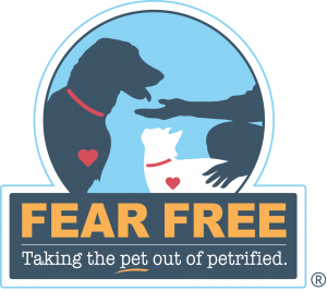 Fear Free logo showing a dog, cat, and person with tagline ‘Taking the pet out of petrified,’ representing stress-free veterinary care – My Companion Vet Australia.