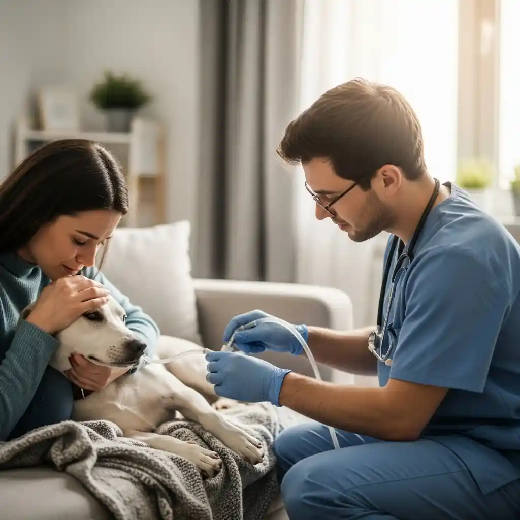 Veterinarian providing gentle treatment to a dog while owner comforts the pet, representing compassionate in-home veterinary care – My Companion Vet Australia.