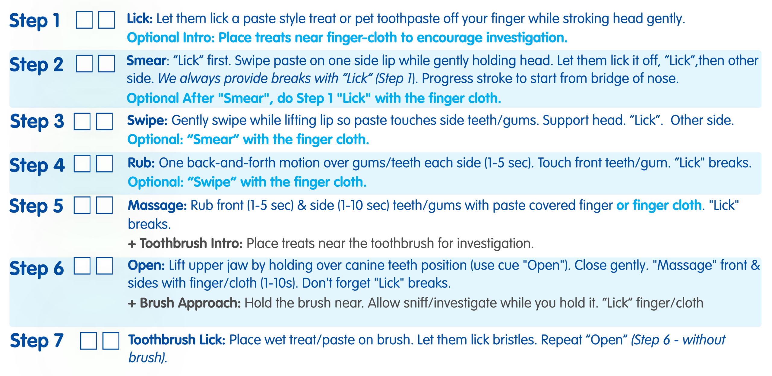 My Companion Mobile Vet Healthy Smiles Program guide for pet dental health - 16 Week Brushing Guide Steps 1 to 8
