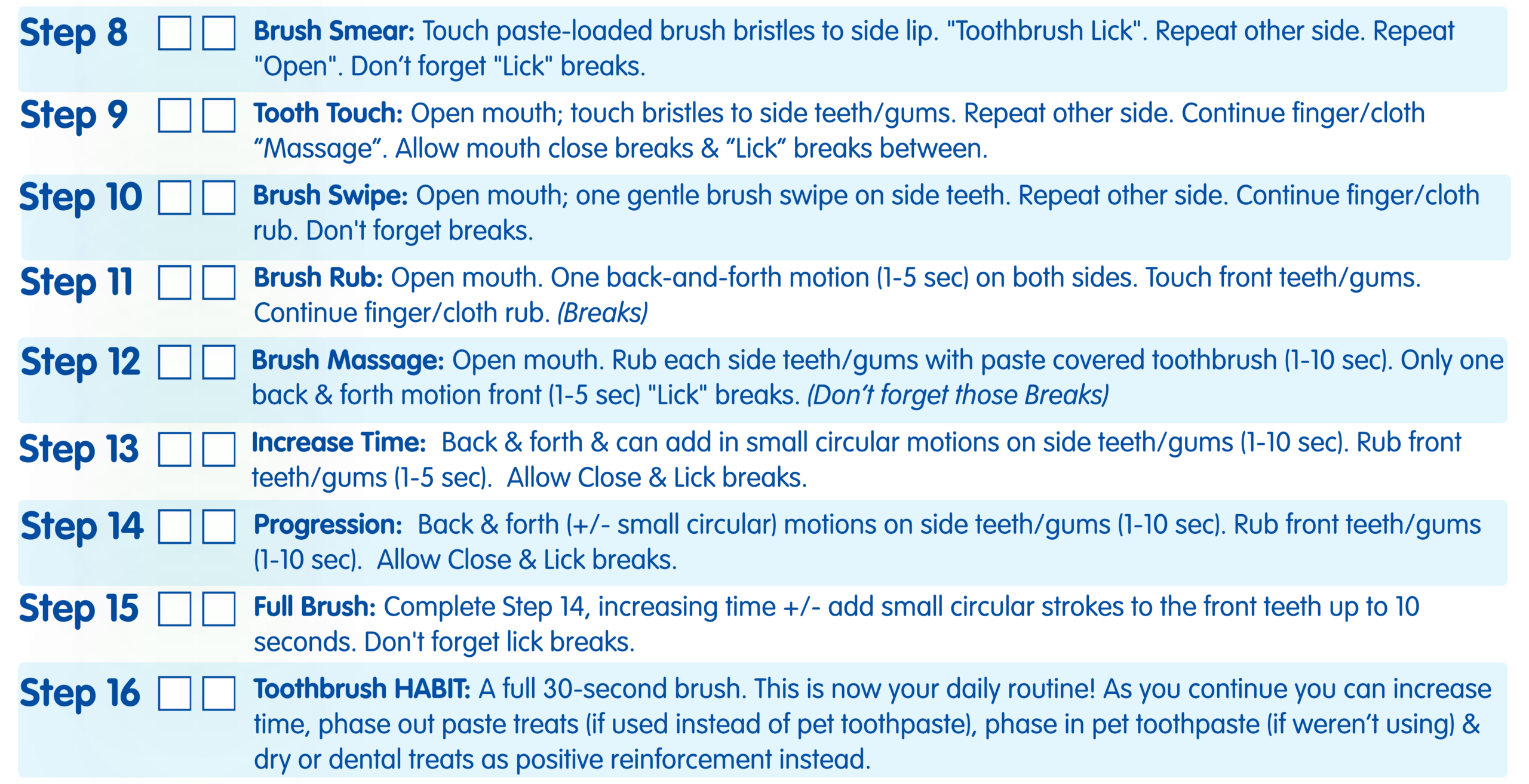 My Companion Mobile Vet Healthy Smiles Program guide for pet dental health - 16 Week Brushing Guide Steps 9 to 16