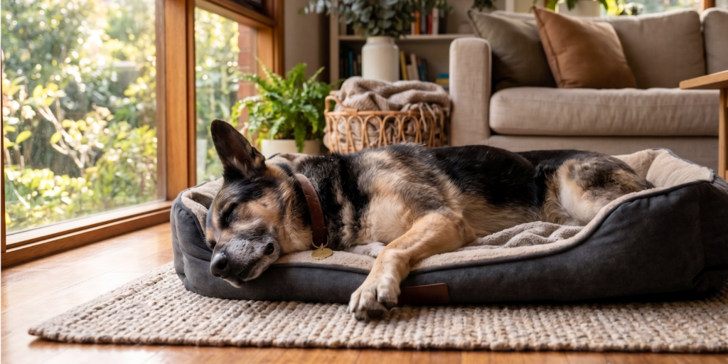 A peaceful senior German Shepherd resting comfortably in a soft bed at home